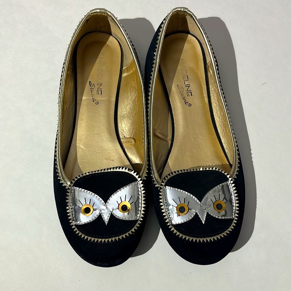 Madeline Stuart Owl black flats sz 8.5 wide shoes unique Anthro